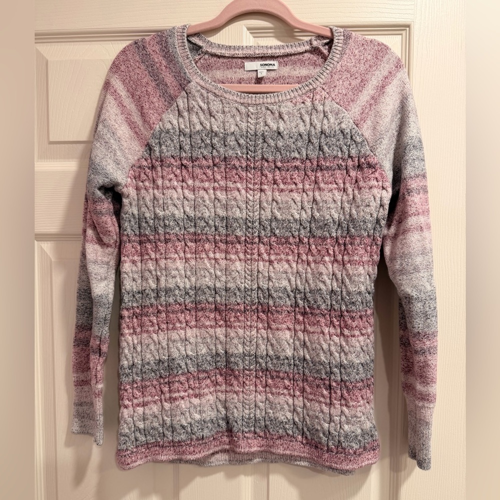 Sonoma 100% cotton cable knit sweater pink purple gray space dye ombré striped